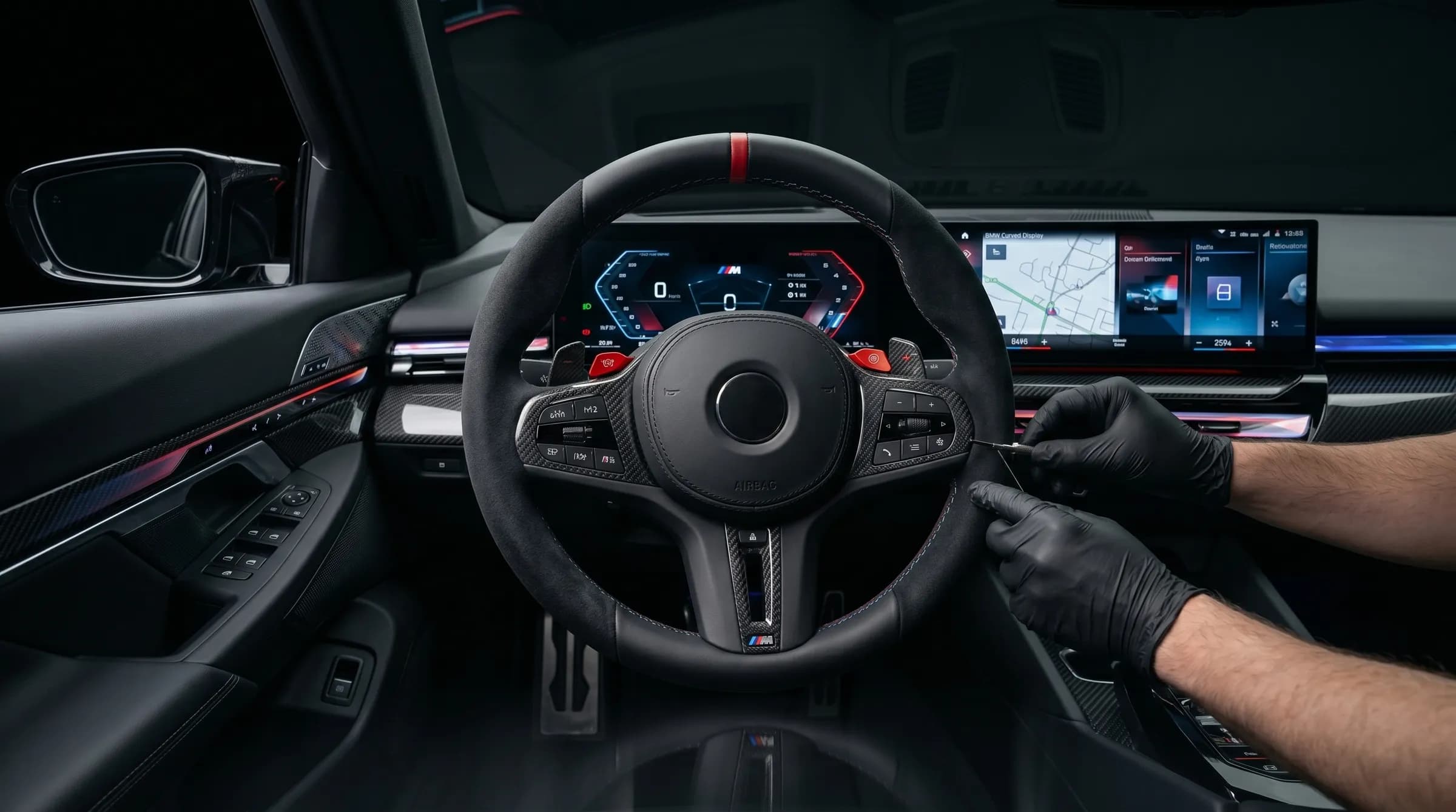 Руль BMW M5 после перетяжки кожей Nappa с прострочкой M-цветов