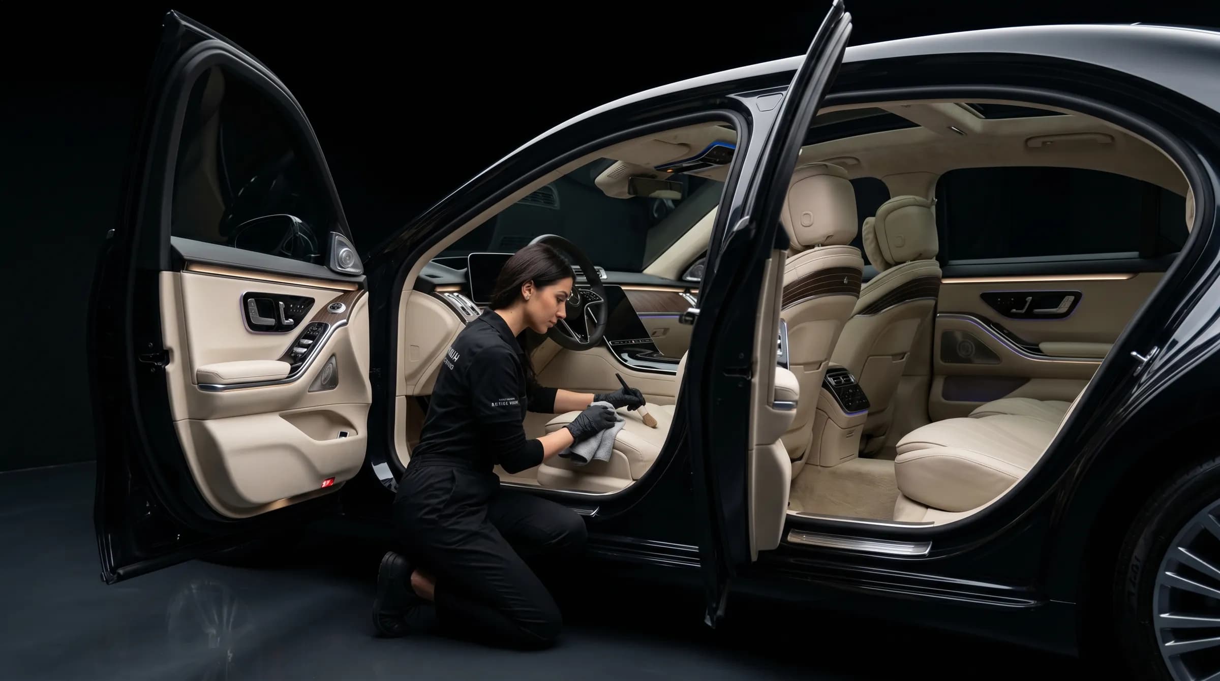 Салон Mercedes S-класса после премиум-химчистки — кожа Nappa, чистый алькантаровый потолок