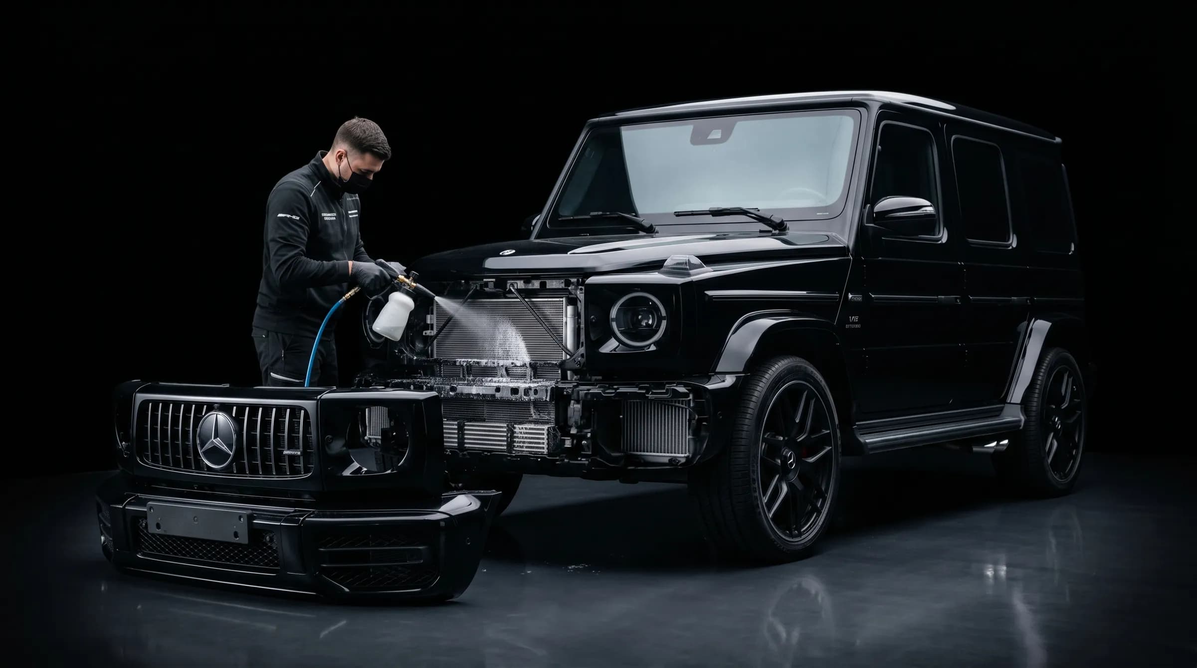 Снятый пакет радиаторов Mercedes G63 на стенде в детейлинг-студии