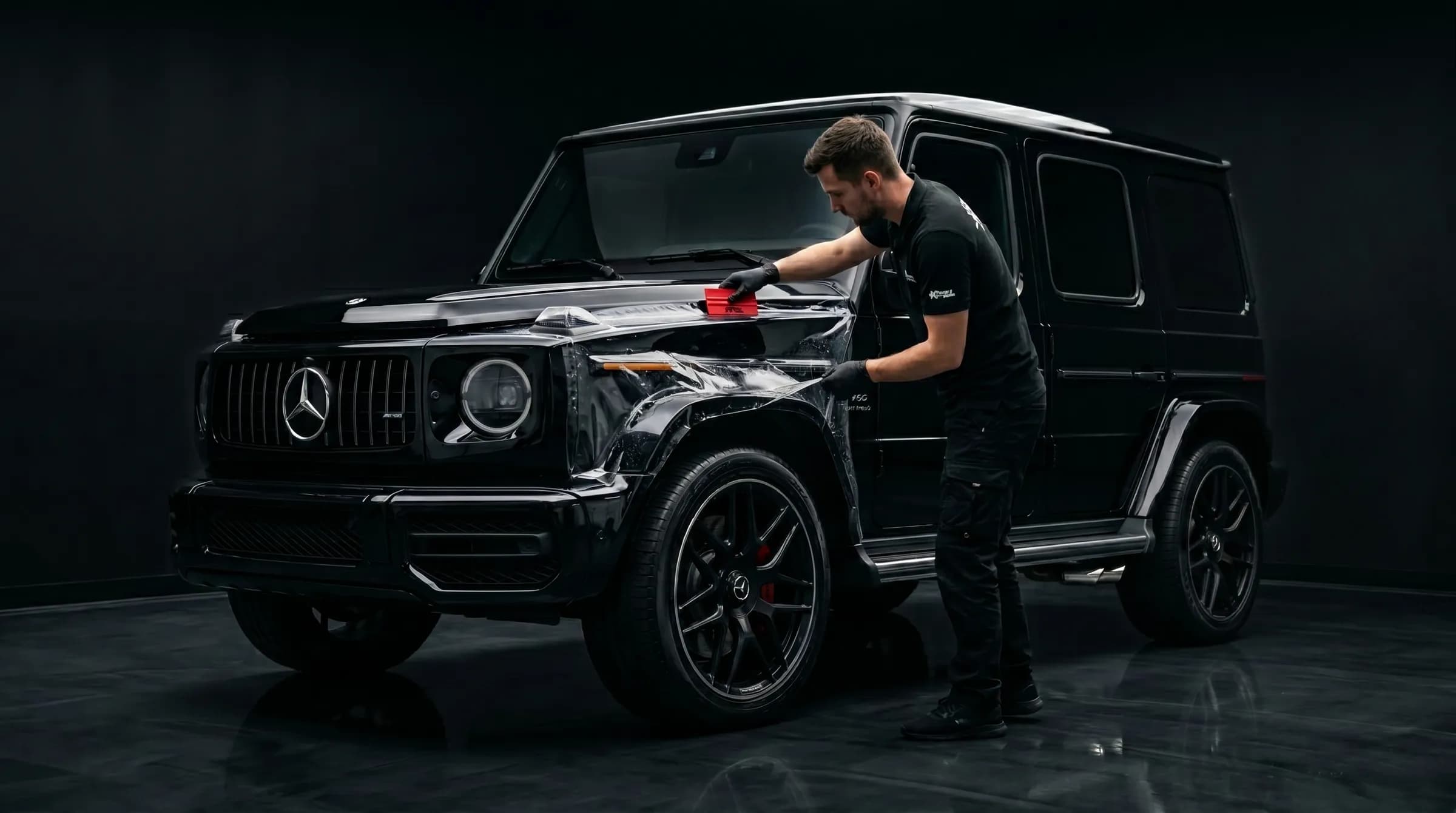 Mercedes G63 после полной оклейки антигравийной плёнкой PPF в студии Санкт-Петербурга