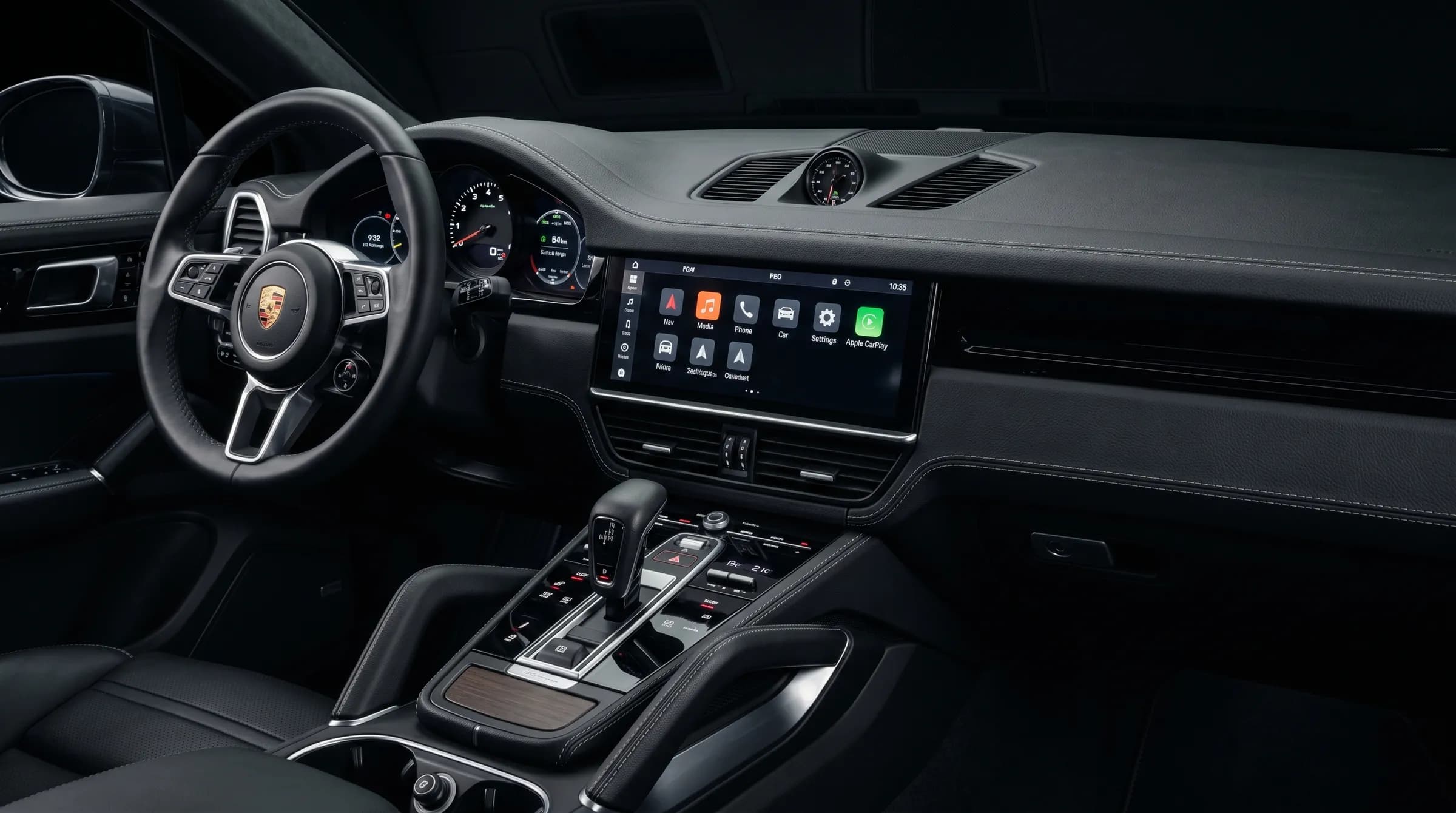 Торпедо Porsche Cayenne после перетяжки кожей Nappa с контрастной прострочкой