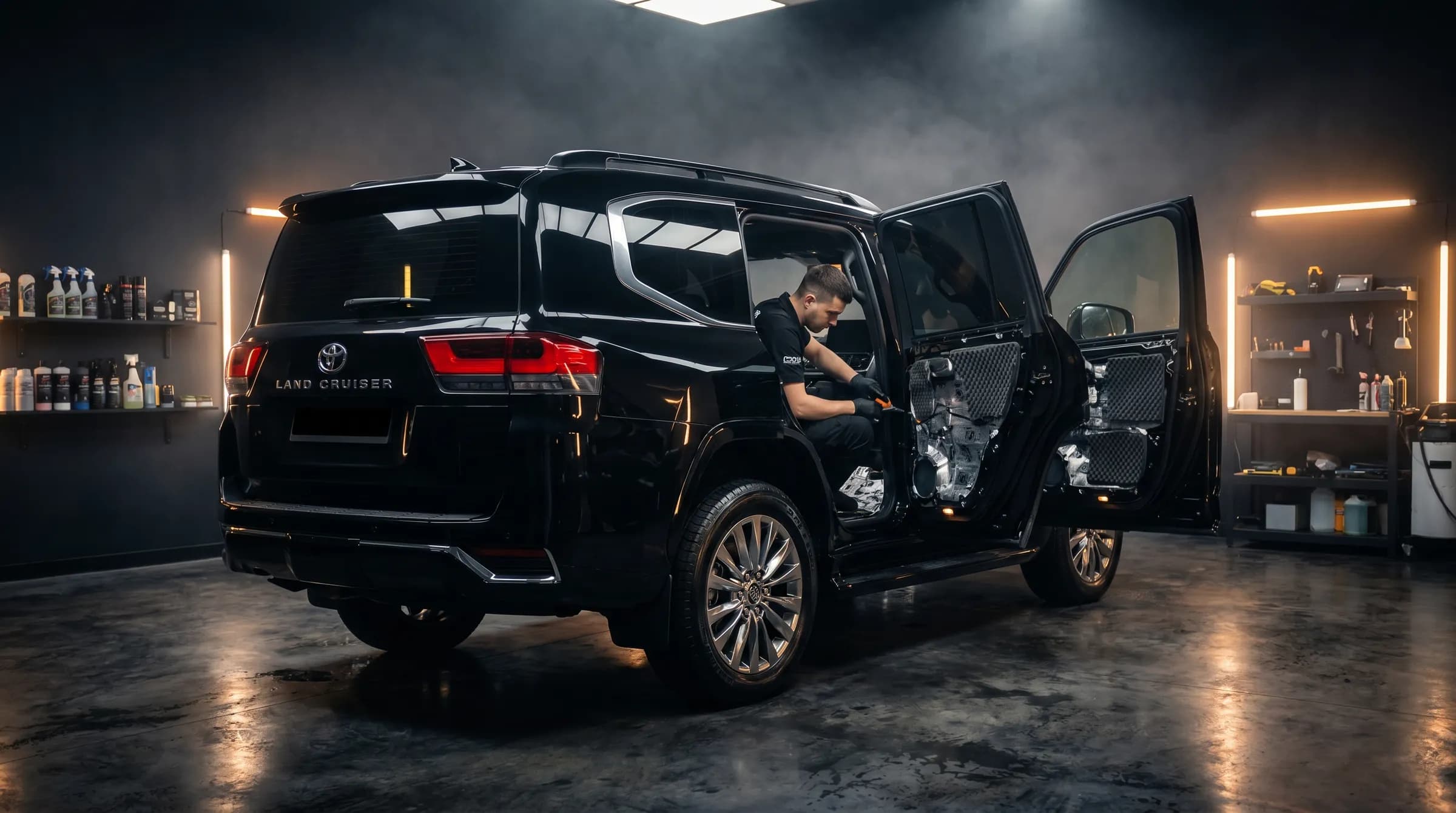 Toyota Land Cruiser 300 в студии после установки шумоизоляции арок и дверей