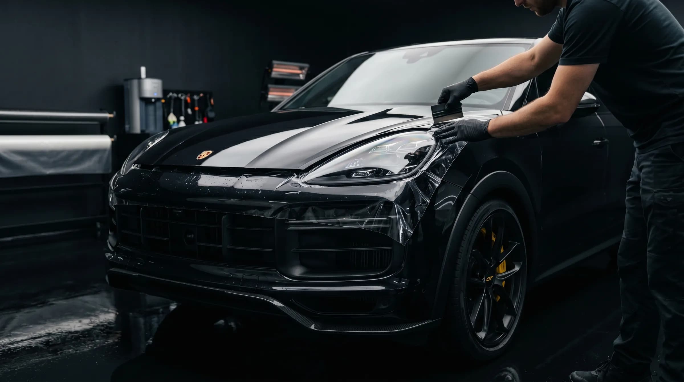 Porsche Cayenne после бронирования фронта PPF — капот, бампер, фары