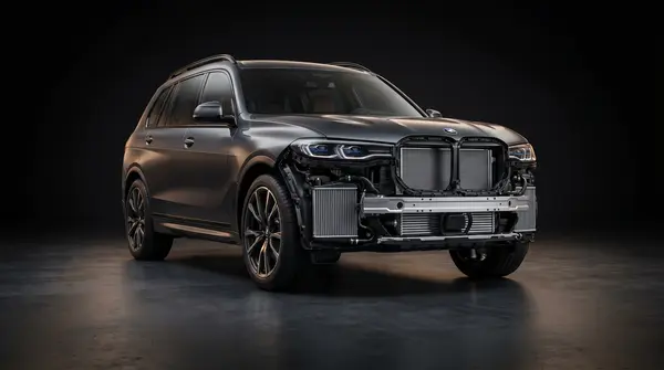 Снятый пакет радиаторов BMW X5 G05 на стенде в студии детейлинга Санкт-Петербурга