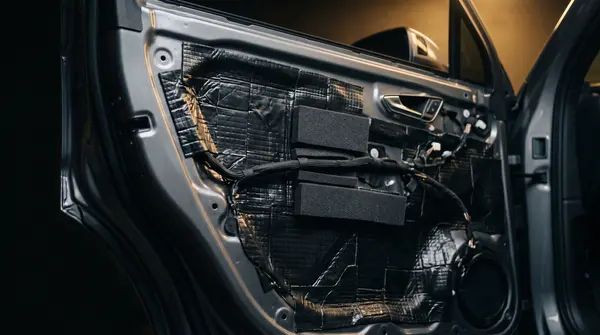 Audi Q7 4M with interior stripped down for full soundproofing install at a St. Petersburg studio