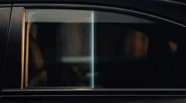 PDLC electrochromic film on a Mercedes Maybach side window — transition from clear to opaque